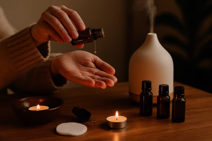 Evde aromaterapi nasıl yapılır sorusuna yanıt veren, difüzör, uçucu yağlar ve mumlarla hazırlanmış rahatlatıcı bir ev aromaterapi ortamı